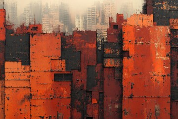 Poster - Rusty metallic cityscape, abstract composition of decaying urban structures in shades of orange and black.