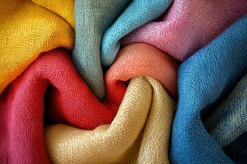 Poster - A vibrant display of colorful, textured fabrics arranged in a swirling pattern.