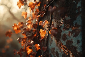 Aufkleber - Autumn leaves clinging to a weathered wall, bathed in warm sunlight, creating a serene autumnal scene.