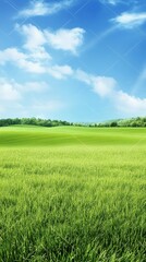 Poster - Green grass field landscape under blue sky with clouds covering rolling hills with trees in the background, creating a serene and peaceful natural scenery