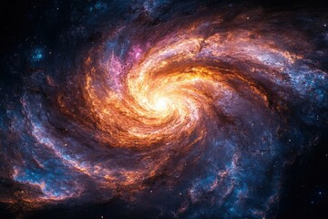 Poster - A vibrant spiral galaxy, swirling with fiery orange and cool blue hues, embedded in a star-studded cosmos.