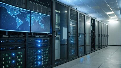 Fototapete - Modern Data Center: Rows of powerful servers hum with activity in a state-of-the-art data center, illuminated by the glow of screens displaying global network maps.