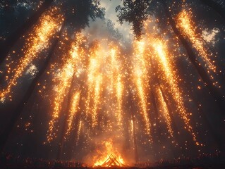 Poster - Cascading Golden Fireworks Erupting Above a Roaring Bonfire with Jubilant Crowd Celebrating Below