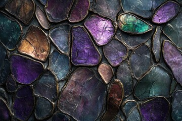 Fototapete - A close-up of a mosaic made of dark, iridescent stones, each with unique color variations and metallic detailing.