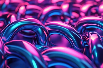 Leinwandbilder - Abstract image of intertwined, glossy metallic tubes in vibrant pink and blue neon lighting.