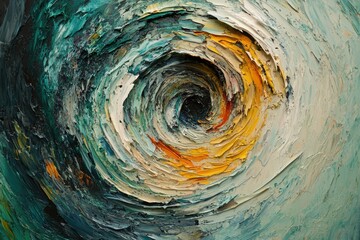 Aufkleber - Abstract swirling vortex painting, impasto texture, teal, yellow, white hues.