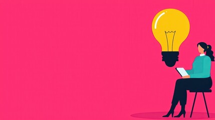 Poster - Leadership development training confidence concept. A woman sits on a chair with a light bulb above her head against a bright pink background, symbolizing ideas.