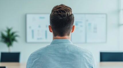Poster - Leadership development training confidence concept. A man in a checkered shirt sits in an office, facing a whiteboard filled with charts and graphs, suggesting a focus on analysis.