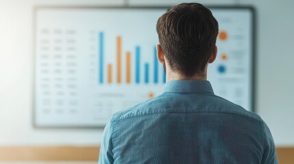 Poster - Leadership development training confidence concept. A person observes a screen displaying colorful bar graphs and data visualizations in a professional setting.