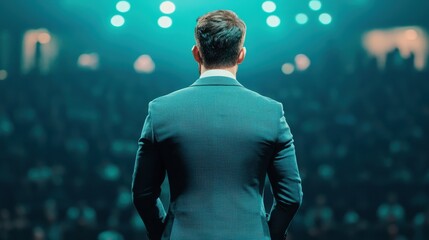 Poster - Leadership development training confidence concept. A professional speaker addresses a large audience from the stage, illuminated by dramatic lighting, creating an engaging atmosphere.