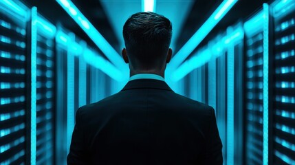 Poster - leadership development training confidence concept. a mysterious figure in a suit stands in a high-t
