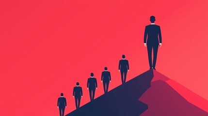 Poster - Leadership development training confidence concept. A group of silhouetted figures in suits ascend a red slope, with one figure standing prominently at the peak, symbolizing leadership.