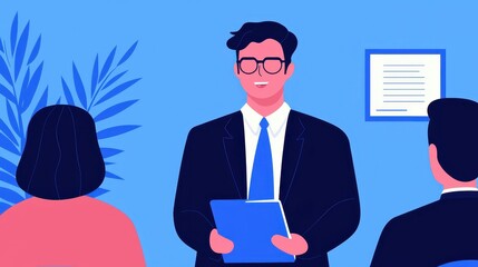 Poster - Leadership development training confidence concept. A professional man in a suit presents in front of two people, set against a blue background with plants, suggesting a business meeting.