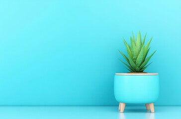 Canvas Print - Light blue aloe vera plant in a light blue pot with wooden legs against a light blue background. Minimalist home decor. 