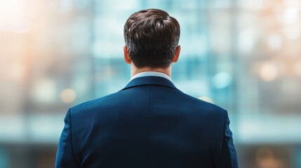 Poster - Leadership development training confidence concept. A businessman stands with his back to the camera, gazing at a modern urban landscape, symbolizing reflection and future possibilities.