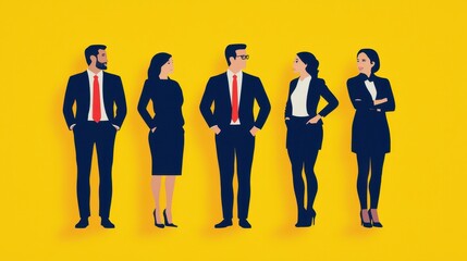 Poster - Leadership development training confidence concept. A group of five professionals in formal attire stands against a vibrant yellow background, exuding confidence and collaboration.