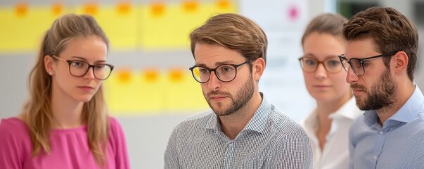 Poster - Leadership development training confidence concept. A group of four professionals, wearing glasses, engaged in a serious discussion, surrounded by colorful charts and notes in a modern workspace.