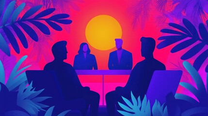 Poster - Leadership development training confidence concept. A vibrant illustration of a business meeting set against a colorful sunset, featuring silhouettes of four individuals seated at a table.