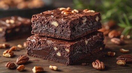 Wall Mural - Savor delectable chocolate brownies covered in a rich glaze and garnished with crunchy almonds. They delight in the gentle warmth of a colorful background while their warm, rich scent entices.