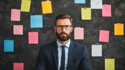 Poster - Leadership development training confidence concept. A focused man in a suit stands before a colorful wall of sticky notes, symbolizing organization and productivity in a creative workspace.