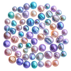 Poster - Colorful assortment of pearls in various sizes and hues arranged on a white background isolated on transparent background..