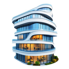 Poster - Modern architectural building with unique spiral design and glass facade against clear blue sky isolated on transparent background..