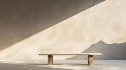 Canvas Print - Minimalist wooden bench in sunlit room with geometric shadows