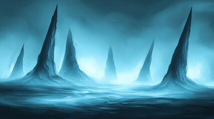 Poster - Mystical Landscape with Sharp Peaks and Calm Waters in Blue Tones