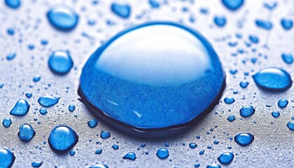 Canvas Print - Close up view of several glistening blue water droplets on a metallic surface. The largest drop is centrally positioned, reflecting light