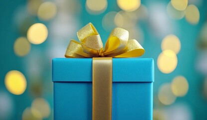 Canvas Print - Blue gift box with gold ribbon and bow against a teal bokeh background. Perfect for holidays, celebrations, or special occasions