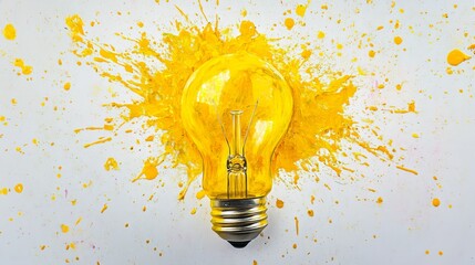 Poster - Yellow light bulb with paint splash on white background, abstract creativity and innovation concept