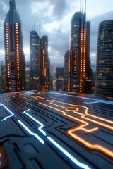 Poster - Futuristic city skyline at dusk, viewed from a high vantage point. The foreground features a dark metallic surface with glowing blue and orange