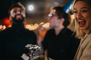 Poster - Group of friends celebrating a birthday outdoors in a festive atmosphere. Laughter, cake, and joy fill the space, creating a memorable event with a lively and cheerful ambiance.