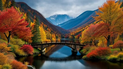 Fototapete - A bridge spans a river in a forest. The bridge is surrounded by trees and rocks. The water is calm and clear