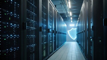 Fototapete - Data Fortress: A digital shield glows within a server room, symbolizing robust security amidst rows of powerful servers. Illuminated with cool blue lighting, the room represents data safety.