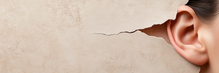 Poster - Close up view of an ear pressed against a cracked wall, conveying themes of hearing loss, eavesdropping, and the quest for hidden sounds and secrets within the environment
