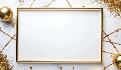 Canvas Print - Gold frame on white marble background with gold glitter and ornaments. Perfect for elegant design projects, invitations, and celebrations