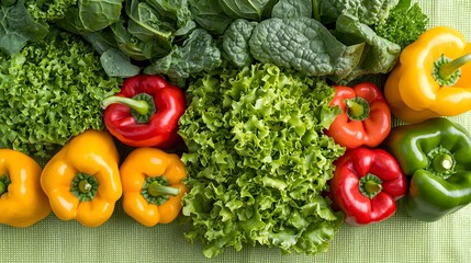 Wall Mural - Vibrant Arrangement of Leafy Greens, Peppers, and Herbs on Textured Background