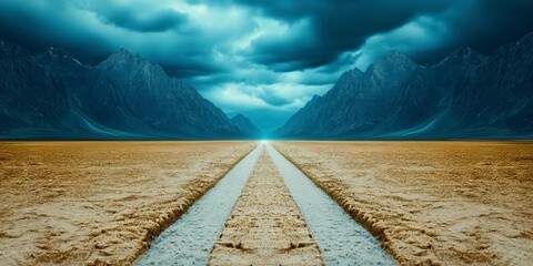 Canvas Print - A long, light grey road stretches towards majestic, dark blue mountains under a dramatic, stormy sky. The road is centered, leading the eye into the