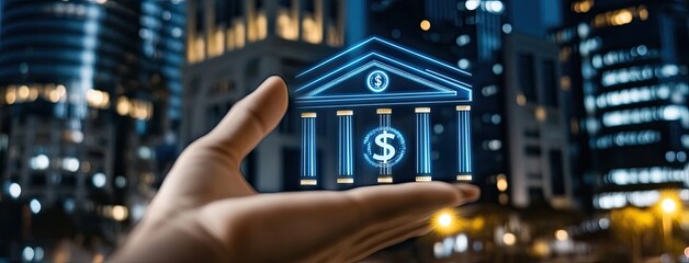 Poster - A hand reaches out to touch a glowing bank icon surrounded by circuit patterns and a city skyline, showcasing futuristic technology in 2059