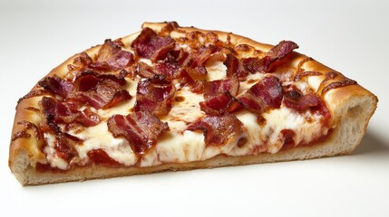 Sticker - A slice of pizza with bacon and cheese, shot on a white background. The pizza has a thin crust and is topped with melted cheese and crispy bacon. The