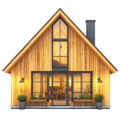 Poster - Small wooden house with porch and windows surrounded by trees in a serene outdoor setting isolated on transparent background..