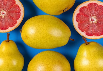 Poster - Overhead shot of yellow pears and halved red grapefruits arranged on a vibrant blue background. The fruit is in focus, creating a vibrant and