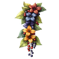 Poster - Painting of colorful flowers and berries with black background in a vibrant artistic composition isolated on transparent background..