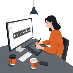 Poster - young woman illustrating digital art while using graphic tablet at modern workspace