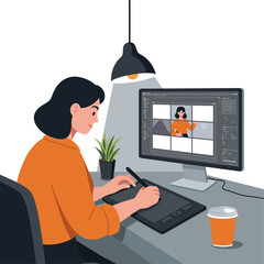 Poster - woman using graphic tablet to design digital art while sitting at desk