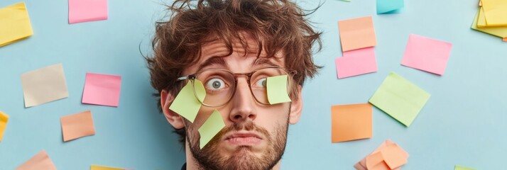 Aufkleber - Stressed professional with sticky notes covering his face, symbolizing the chaos and pressure of multitasking and managing deadlines in a fast paced work environment