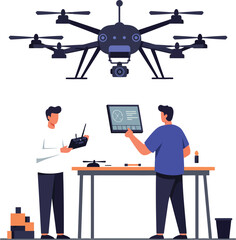 Poster - Two men operating a drone in a modern workshop setting with technology tools