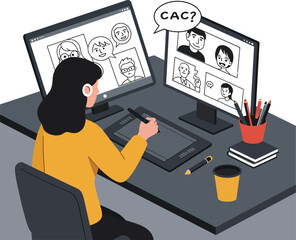 Poster - digital artist creating illustrations while engaging in a video conference call at their desk