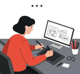 Poster - Designer creating digital illustration on tablet while analyzing sketches on computer screen